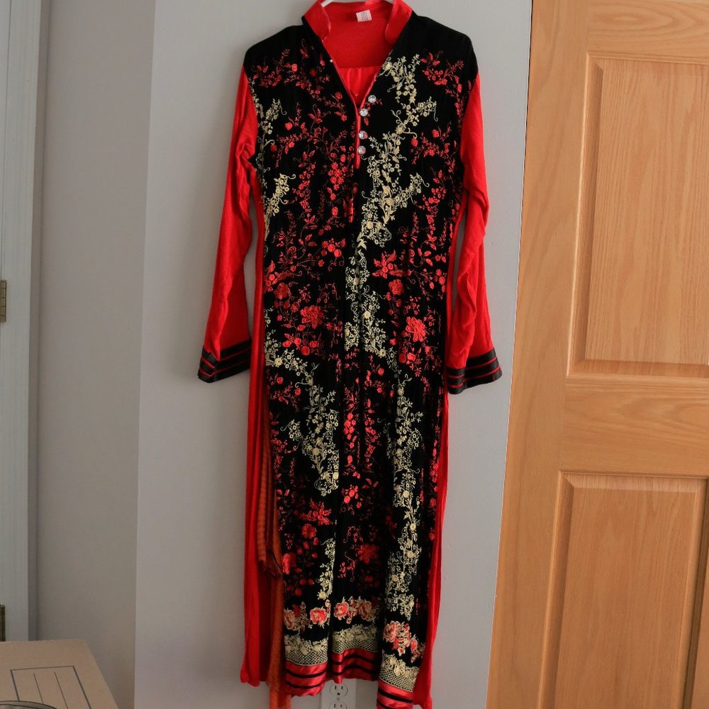 Red and Black Embroidered Long Churidar Shalwar Kameez Kurta